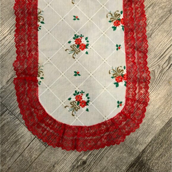 Vintage Christmas Lace Table runner Poinsettia Gold bows Handmade table decor - Picture 1 of 9
